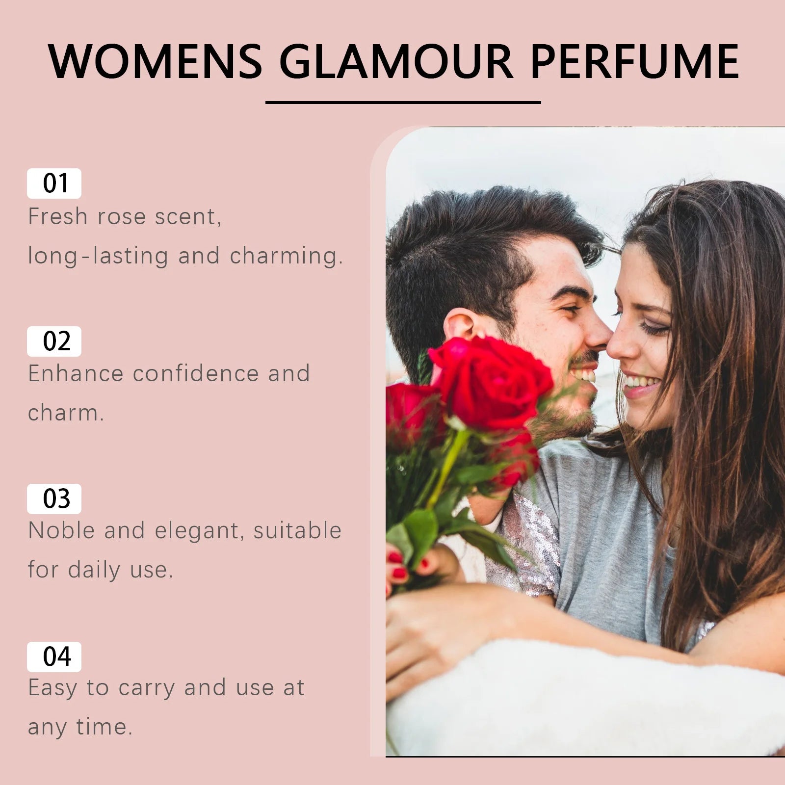 Womens Glamour Perfume with rose scent, presented alongside a couple embracing, suitable for daily personal fragrance.