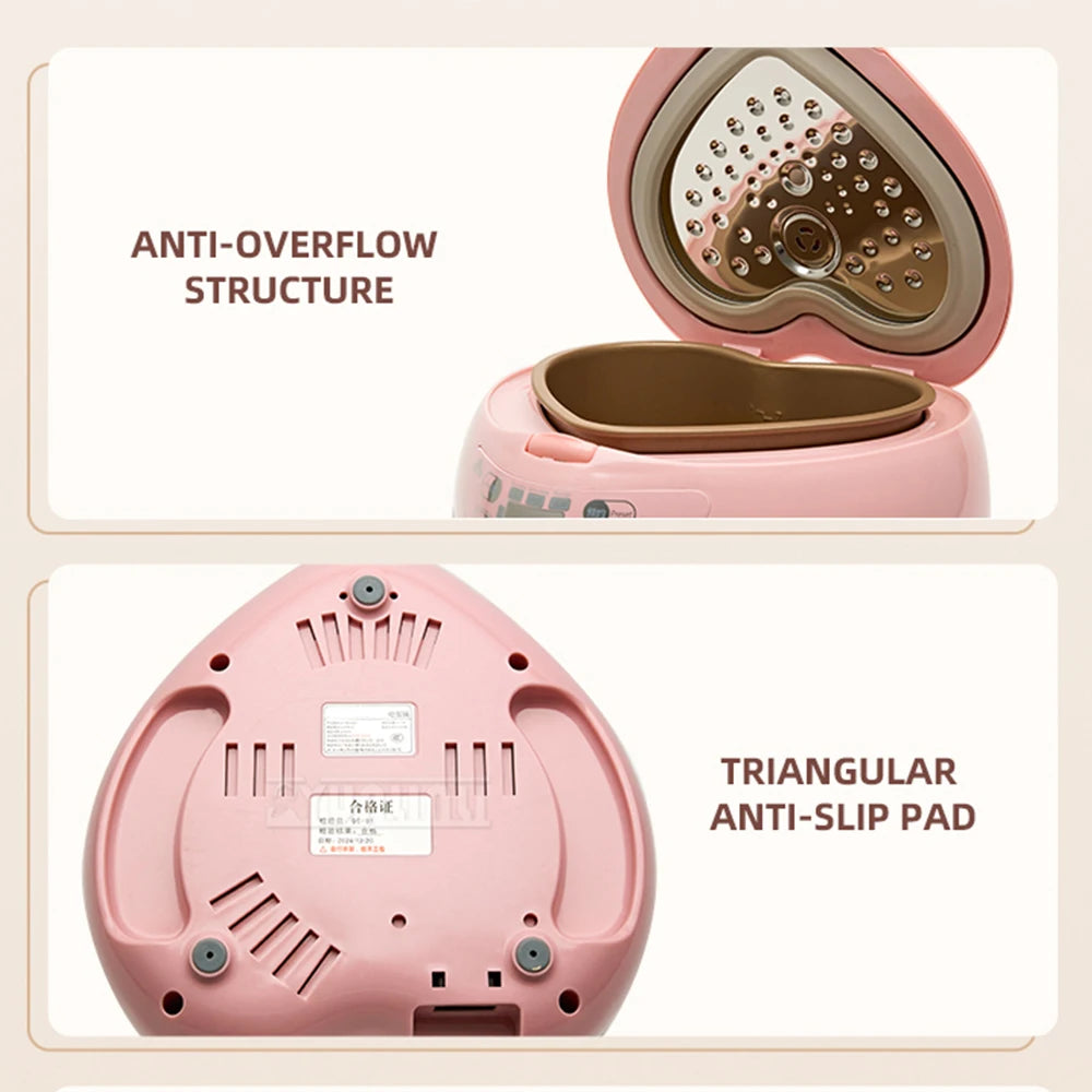 Pink heart-shaped rice cooker open base showing inner cooking pot and control area.