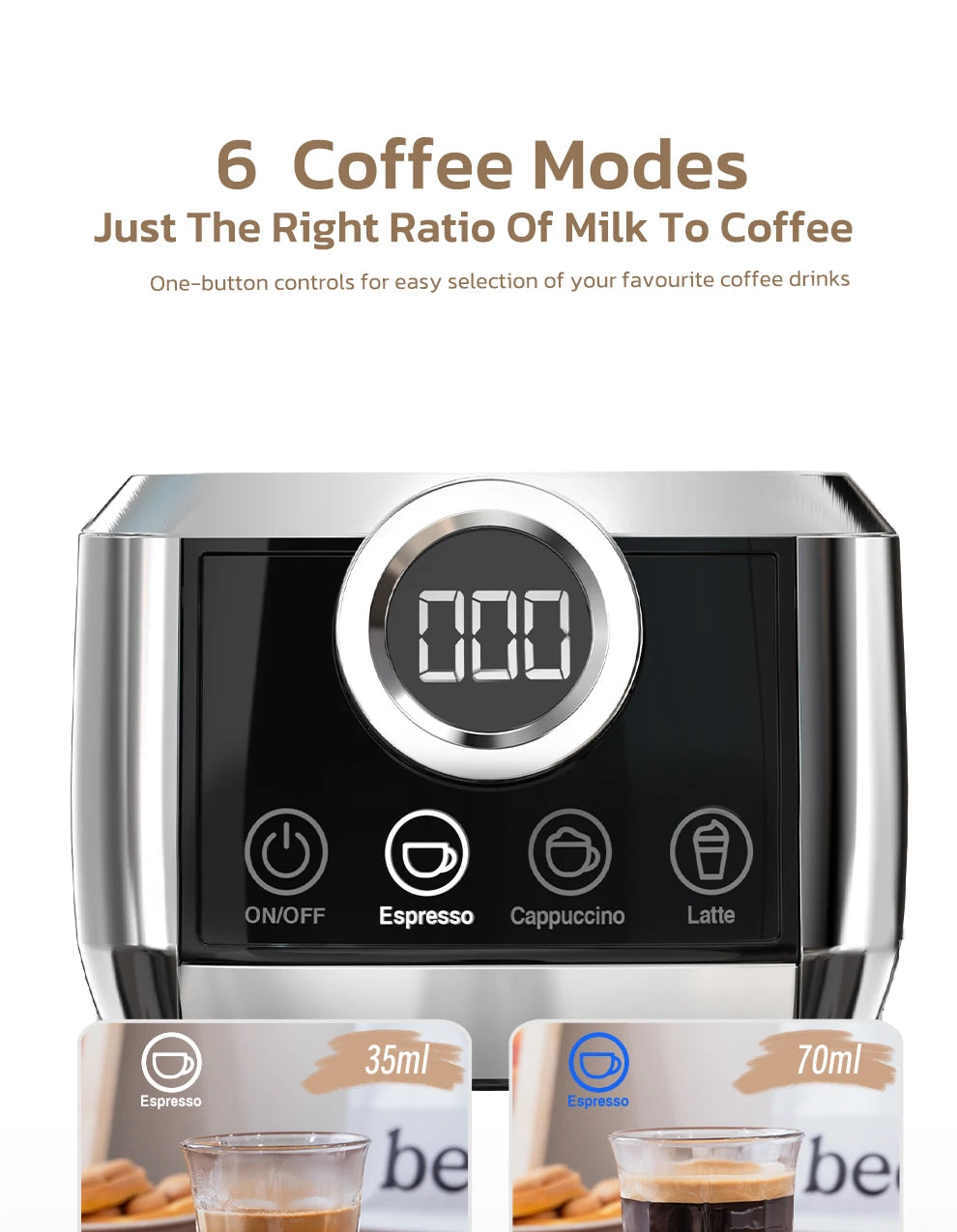 Silver espresso coffee maker control panel with digital display and one-button modes for espresso, cappuccino, latte.