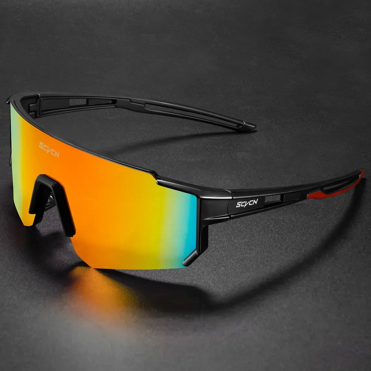 Black cycling sunglasses with orange-to-blue mirrored lens and wraparound frame