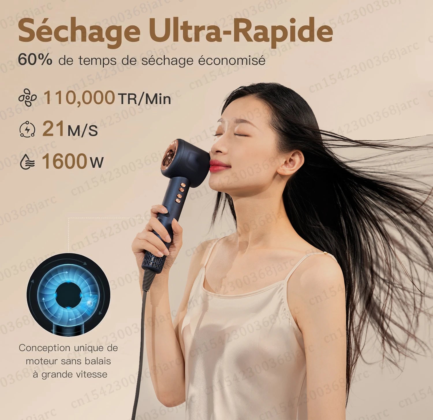 Professional blue and gold leafless ionic hair dryer for fast salon-quality styling with high-speed motor.