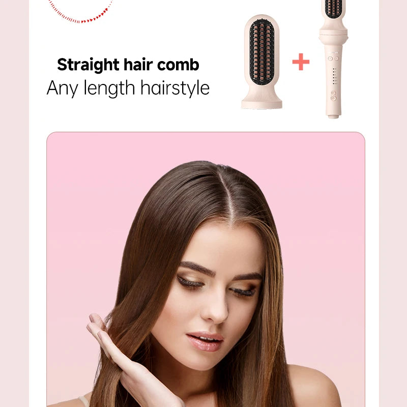 Pink automatic curling iron and straight hair comb attachment for fast, tangle-free hair styling with ionic care.