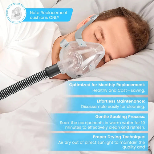 Clear CPAP mask replacement cushion for sleep apnea therapy, featuring a transparent silicone design with grey headgear.