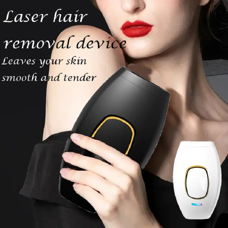 Woman using black IPL laser hair removal device for painless permanent body and bikini hair reduction at home.