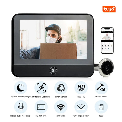 Black door viewer with screen and round peephole camera, showing a delivery scene