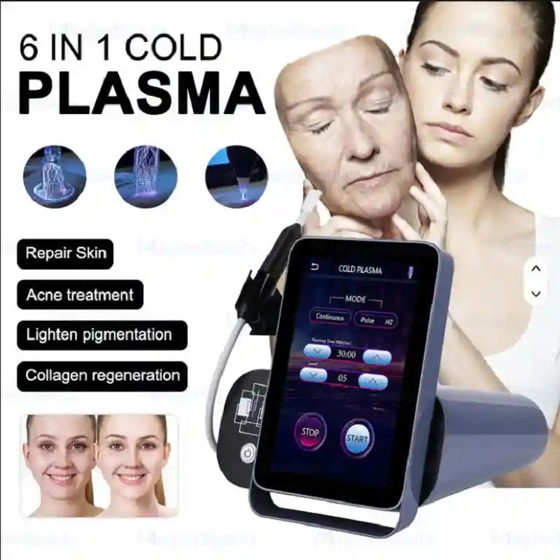 6-in-1 cold plasma pen for face skin repair, acne treatment, and anti-aging with digital touchscreen control unit.