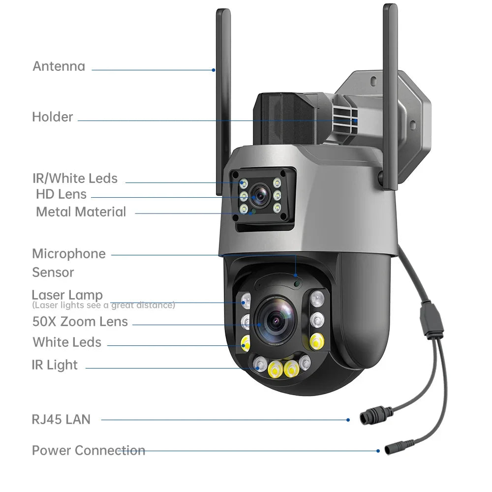 PEGATISAN WIFI 4K 8MP Dual Lens 20/50X Zoom Display PTZ Outdoor Surveillance Camera 393ft Ultra Long IR Vision ONVIF ICSEE APP