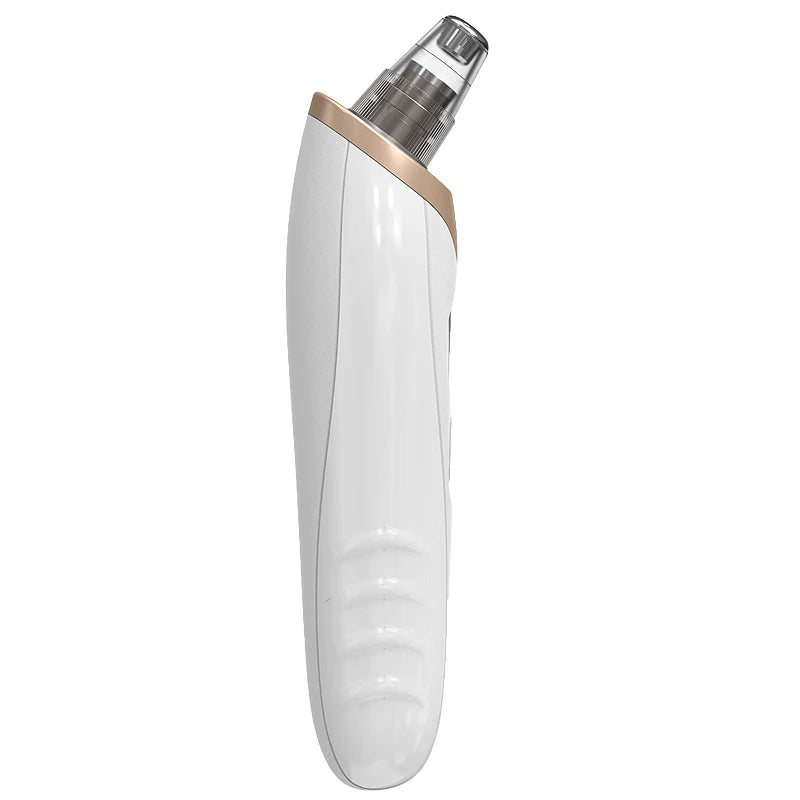 White and rose gold electric blackhead remover tool with a transparent nozzle, shown from a side angle.