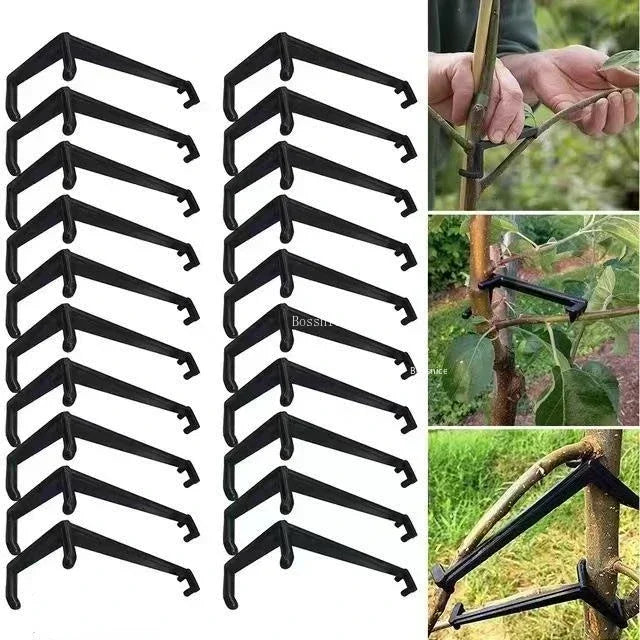 Set of black twisting plant clips with V-shaped hooks for training fruit tree branches