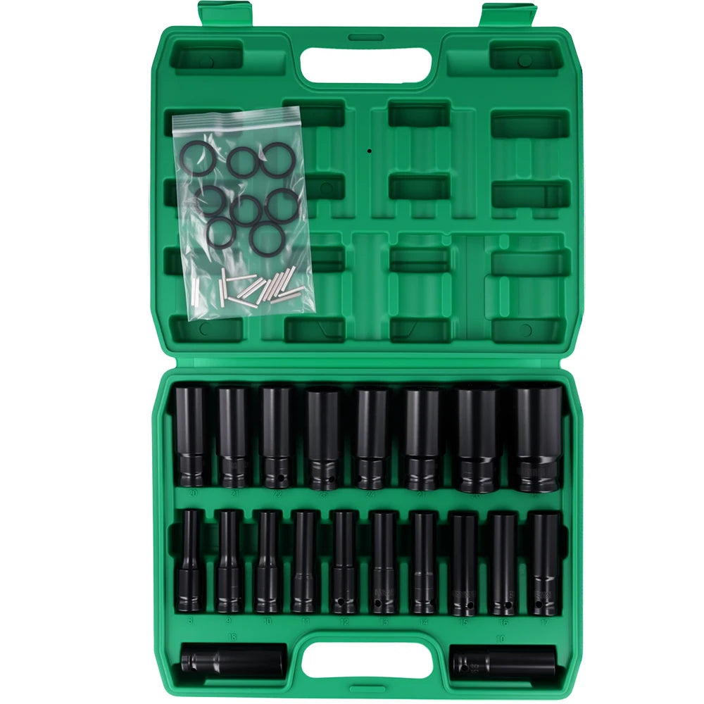 Podofo 20PCs 1/2'' Drive 6-Point Impact Socket Set 8-32mm Metric Sizes Carbon Steel  Impact Wrench Nut Set With Storage Box