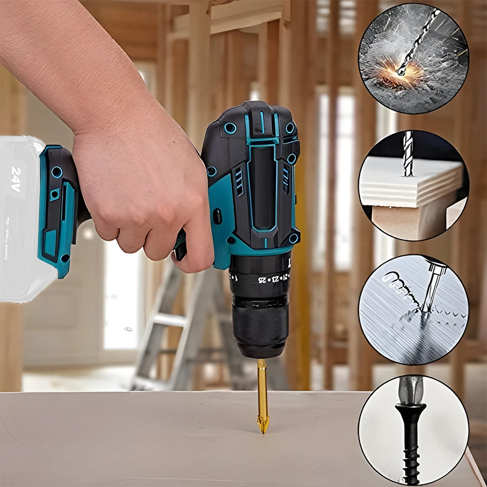 Podofo 10mm Cordless Impact Hammer Drill Drill Driver Stepless Speed High Torque Handheld Rechargeable Power Drill For Wood Metal Drilling Screw Driving Home Repair Power Tool