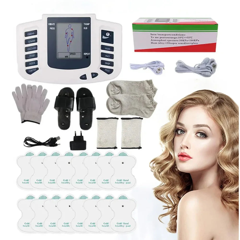 White digital EMS electrostimulator physiotherapy machine with 12 massage modes, pads, gloves, socks, and accessories.