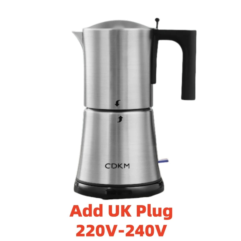 CDKM electric moka pot, stainless steel coffee maker with black handle, 220V-240V, includes UK plug.