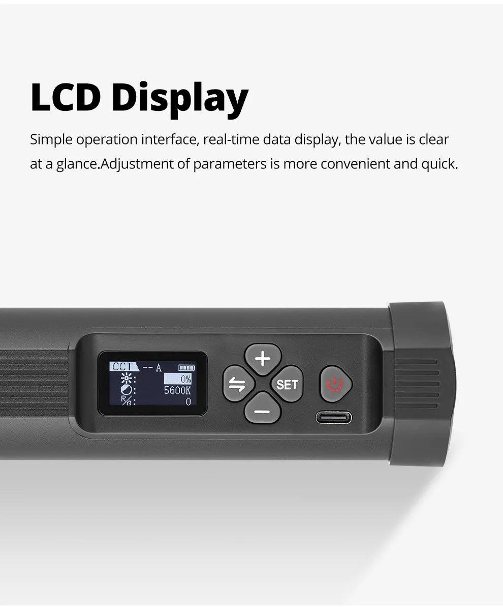 Gray cylindrical LED light tube featuring a black LCD screen, control buttons, and a power port for setting parameters.