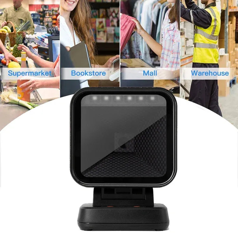 Desktop barcode scanner on stand with front display window, black housing
