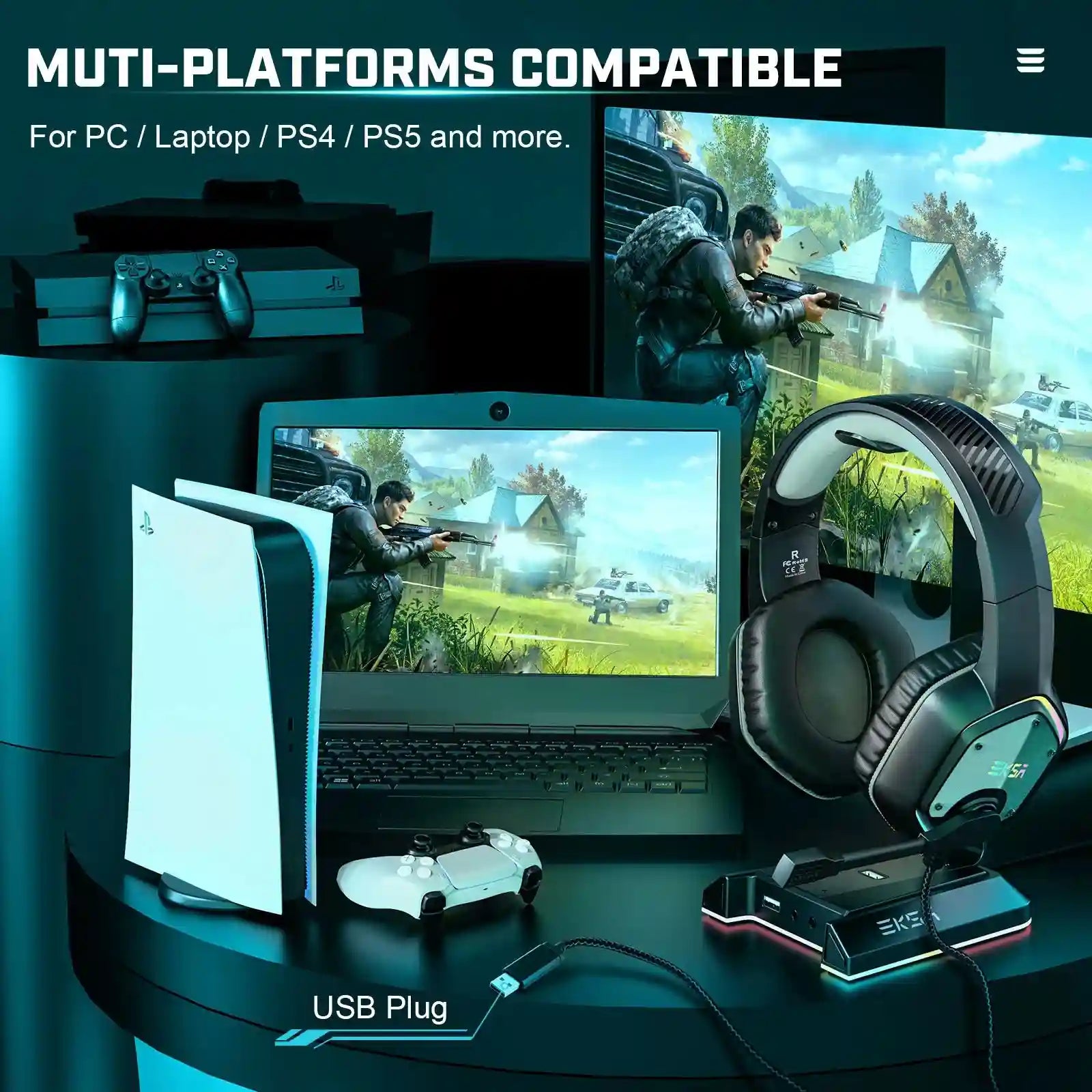 Wireless Gaming Headset with Mic - 7.1 Surround Sound for PC and PS5 Tidesmit
