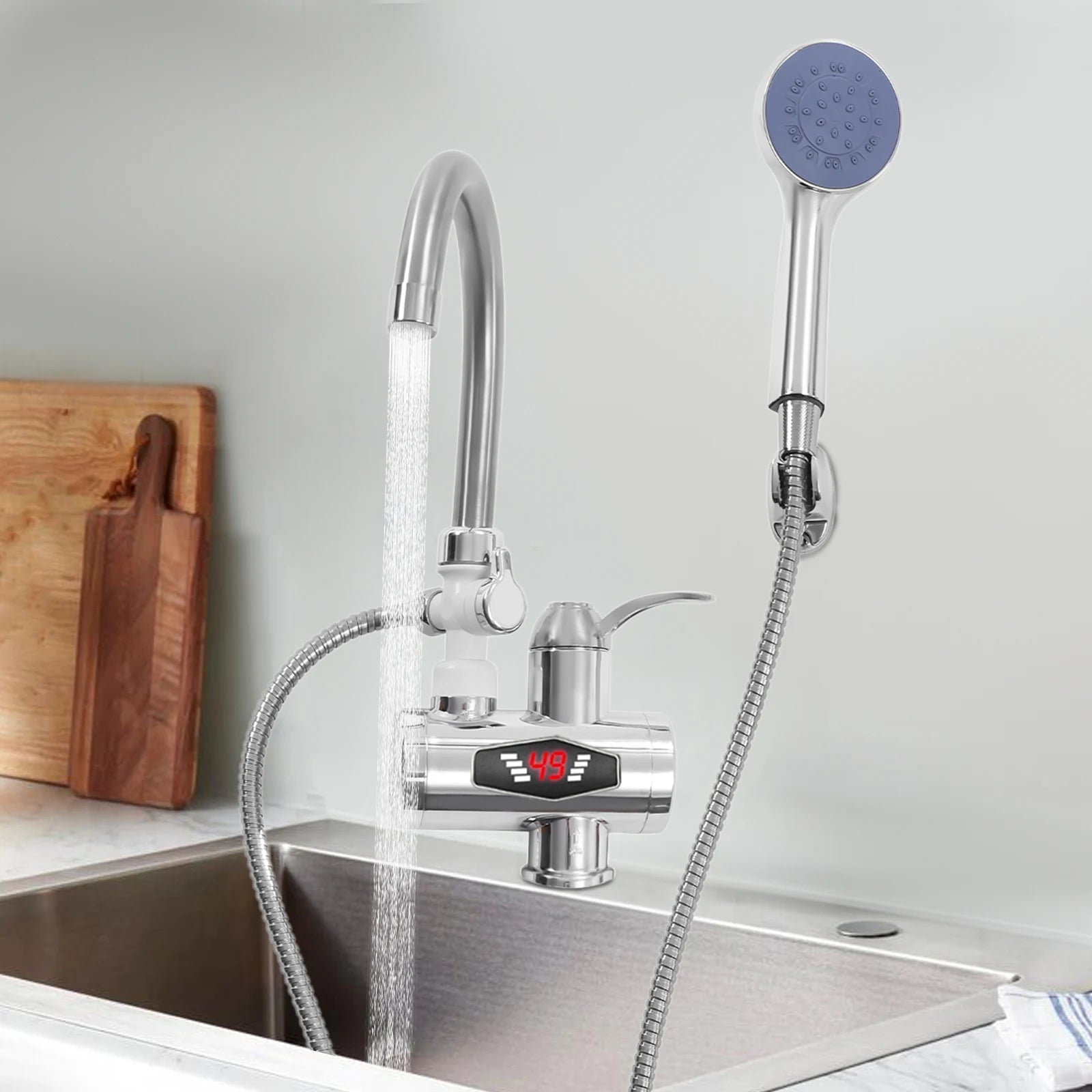 3000W Electric Faucet with Shower 360° Rotating Faucet Heater Digital Display 30-60℃ Water Faucet for Kitchen Bathroom