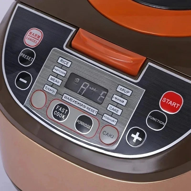 Close-up of rice cooker control panel with orange handle and program buttons
