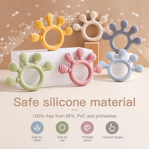 Set of colorful silicone teething rings for baby relief, available in yellow, pink, blue, white, and green.
