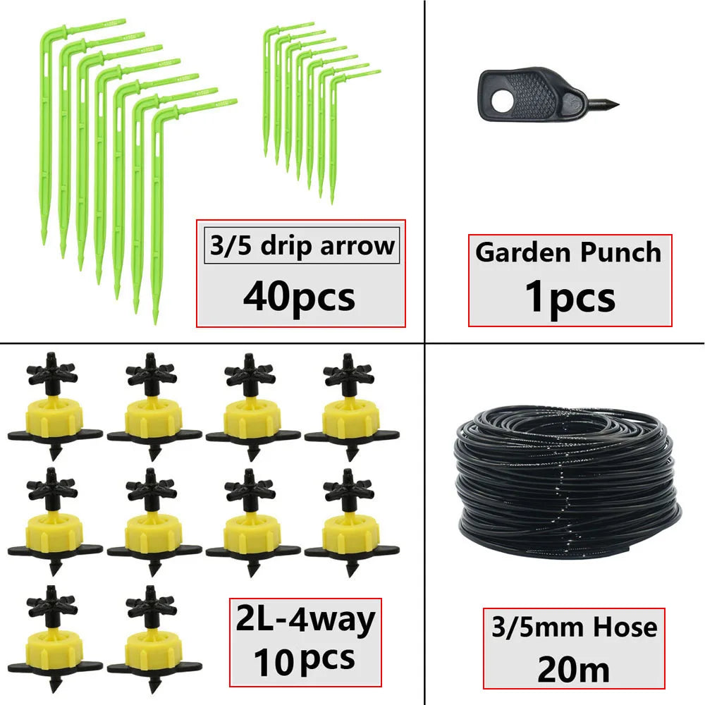 Greenhouse Potted Curved Arrow Dropper Micro Drip System 2L4L8L Pressure Compensation Dripper 3/5mm 2/4-way Irrigation Kit