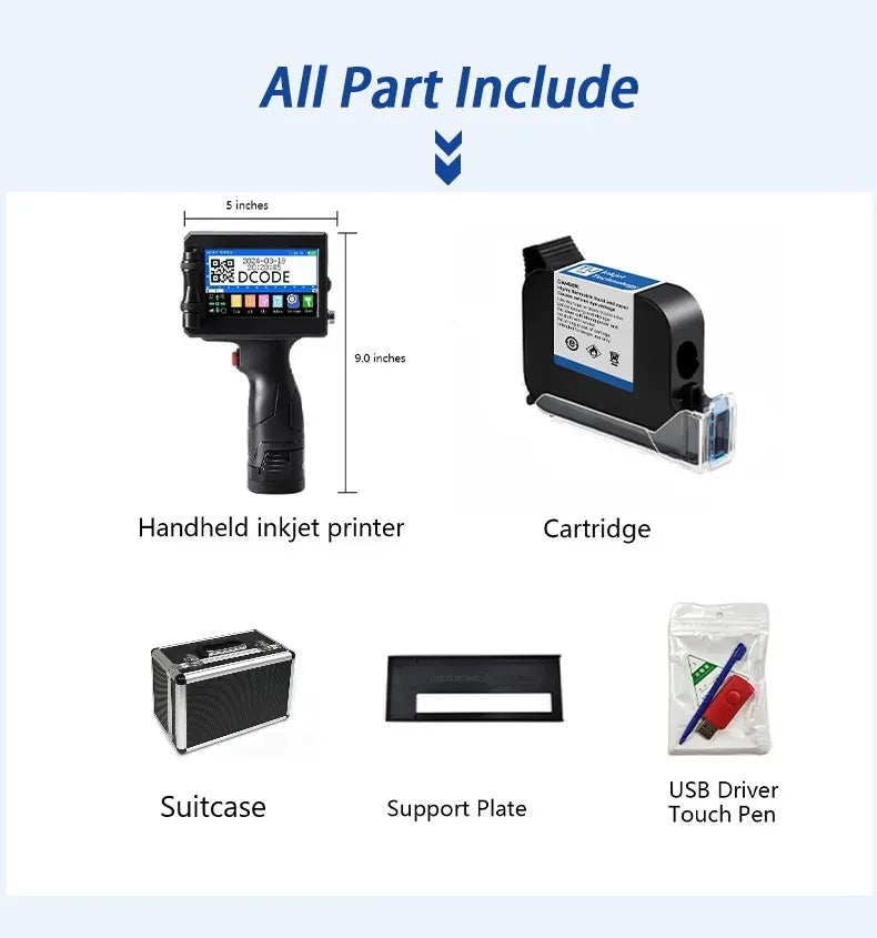 Handheld inkjet printer kit with black suitcase, cartridge, support plate, and USB driver