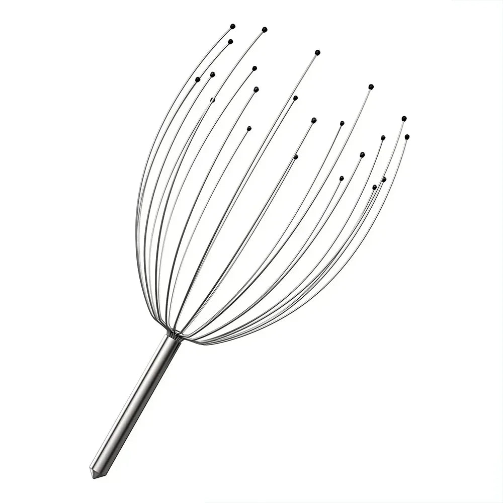 24-finger octopus scalp massager with metal wires and protective beads for relaxing head and hair scratch therapy.