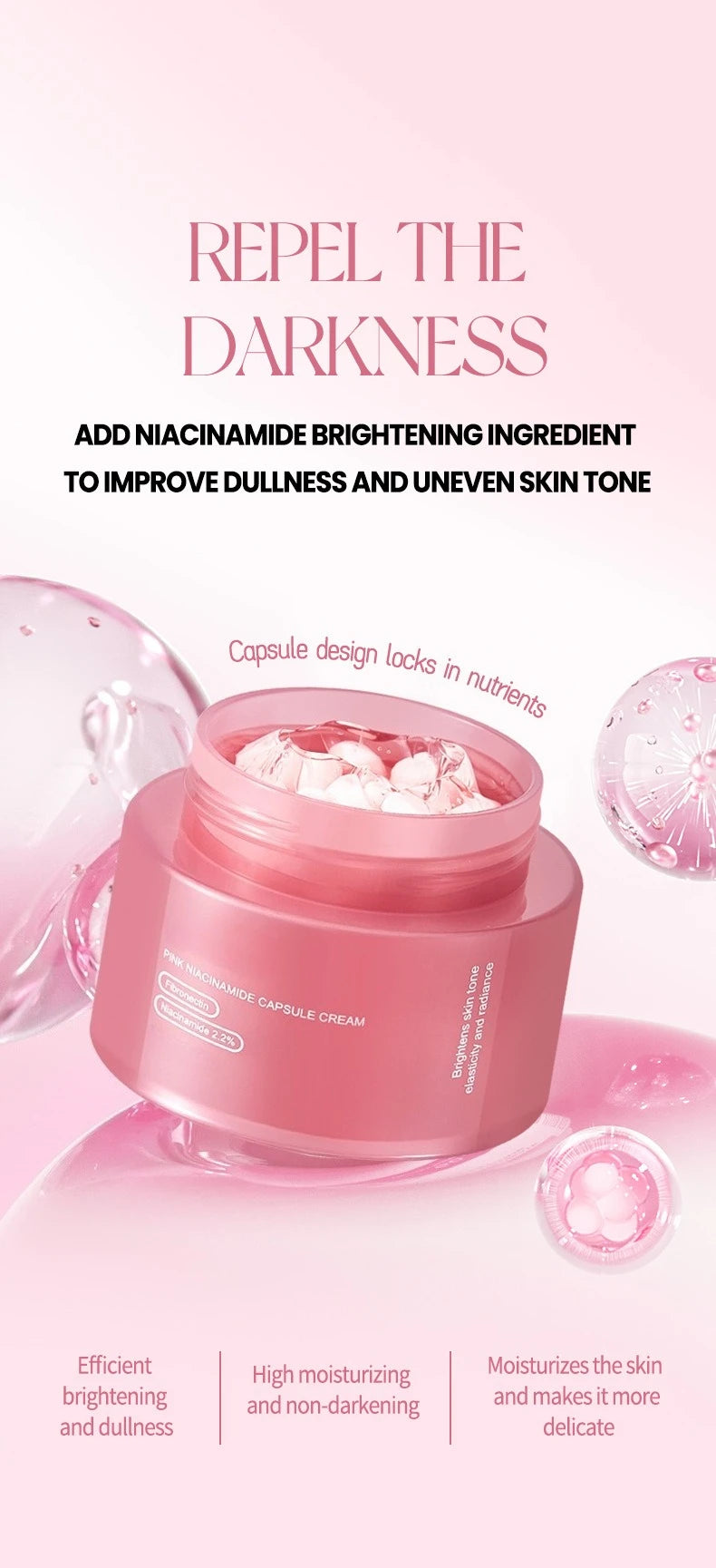 Pink jar of collagen capsule cream with translucent capsules inside, surrounded by floating pink gel bubbles.