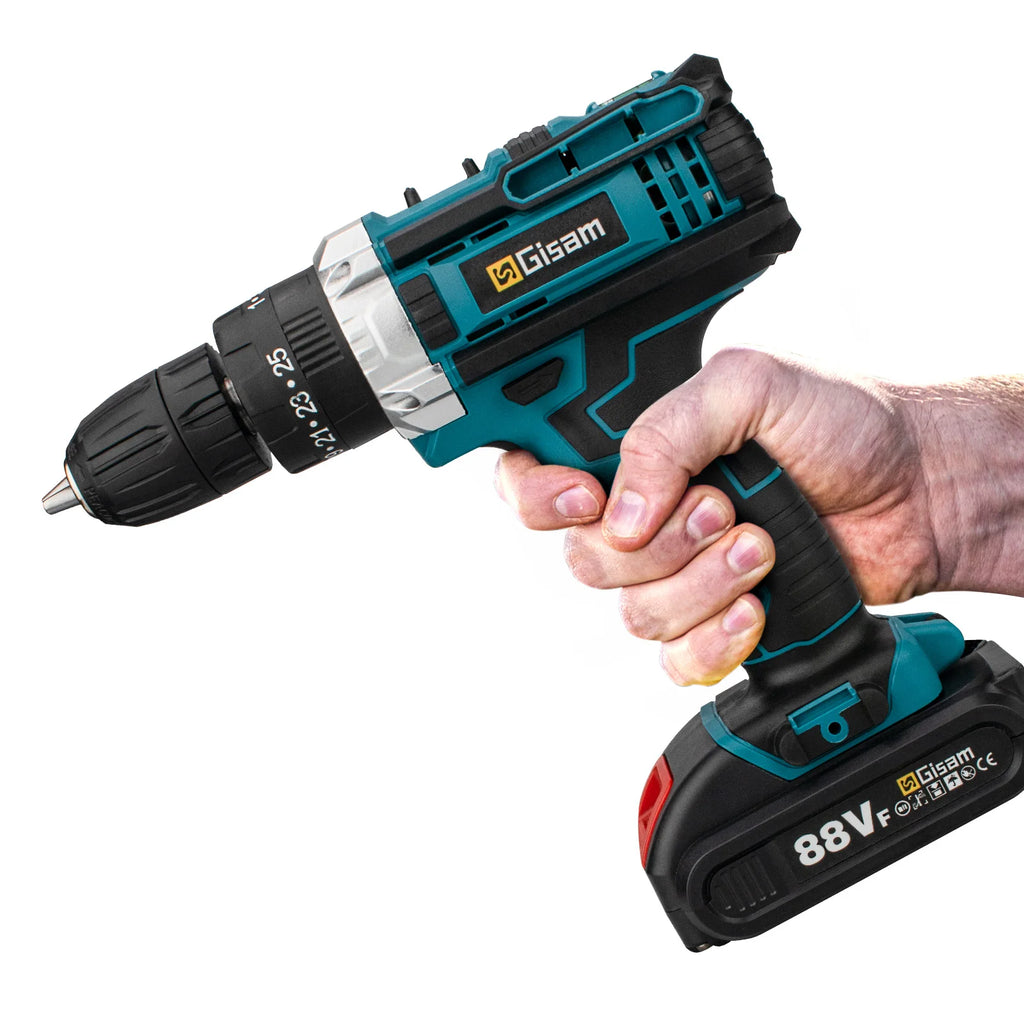 Gisam Battery Impact Screwdriver Multifunctional Cordless Drill Power Tool 25+3 Torque Setting 2 Gear Speed Electric Screwdriver