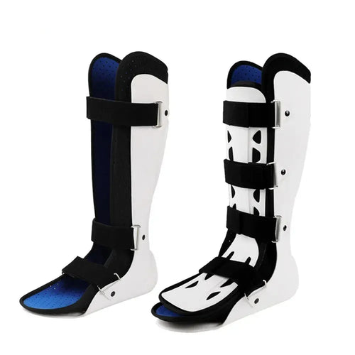 White and blue orthopedic ankle brace for fracture support, recovery, and pain relief with adjustable straps.