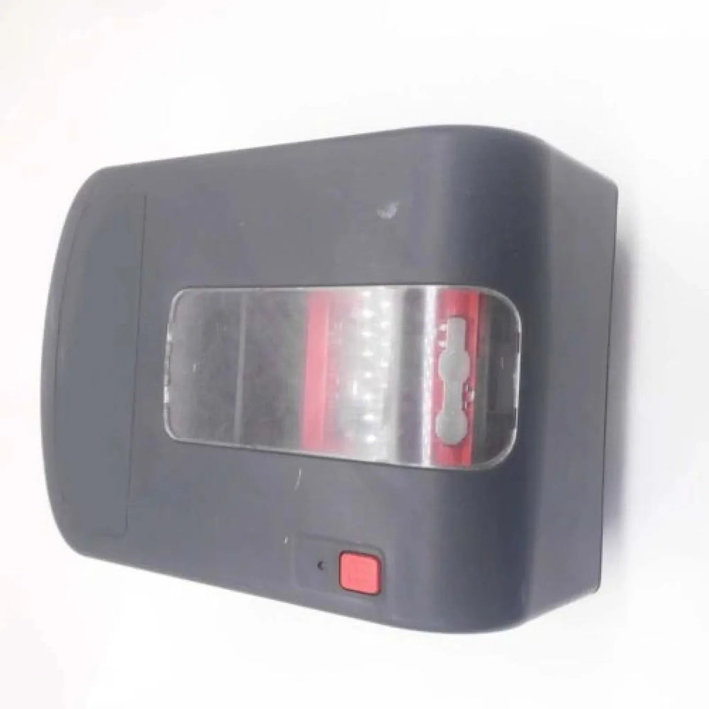 Barcode label printer part with clear window and red internal roller, black casing