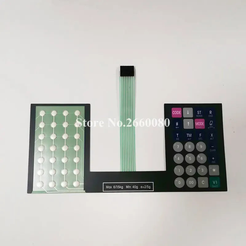 Scale keypad film assembly with numeric keypad, function keys, and center ribbon cable