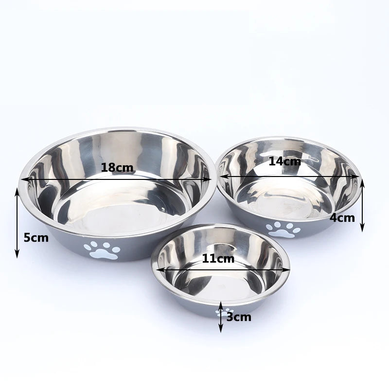 Anti-rust stainless steel dog and cat bowls in 3 sizes with non-slip paw print design for easy feeding.