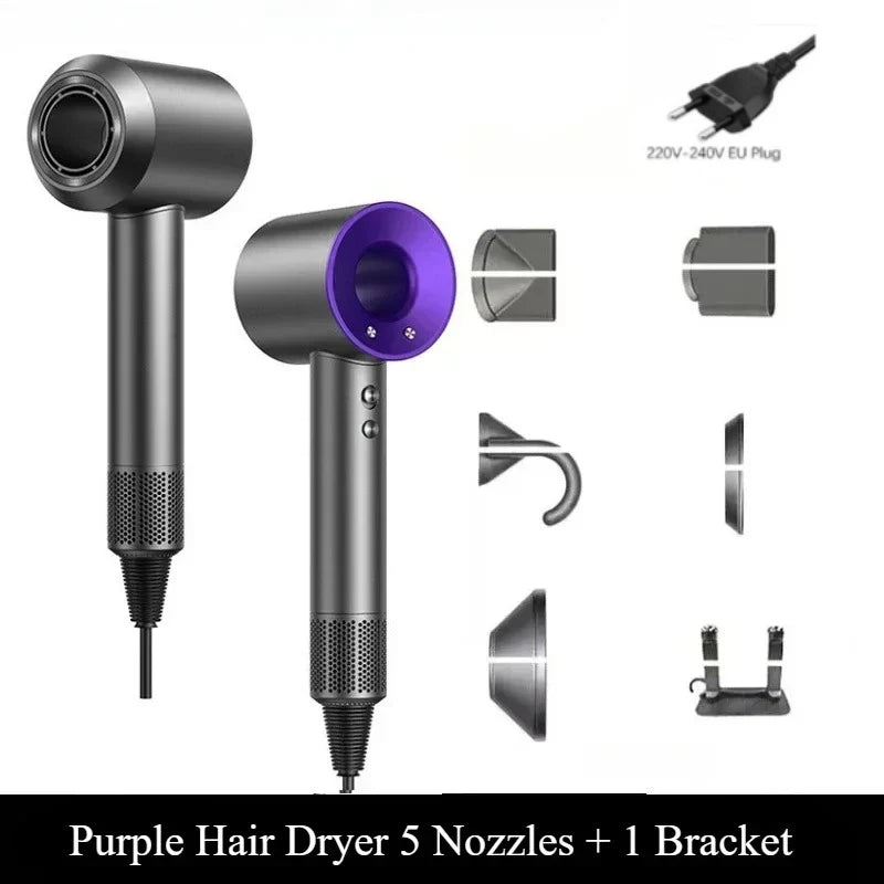 Purple leafless hair dryer with 5 nozzles and wall bracket for professional salon and home styling.