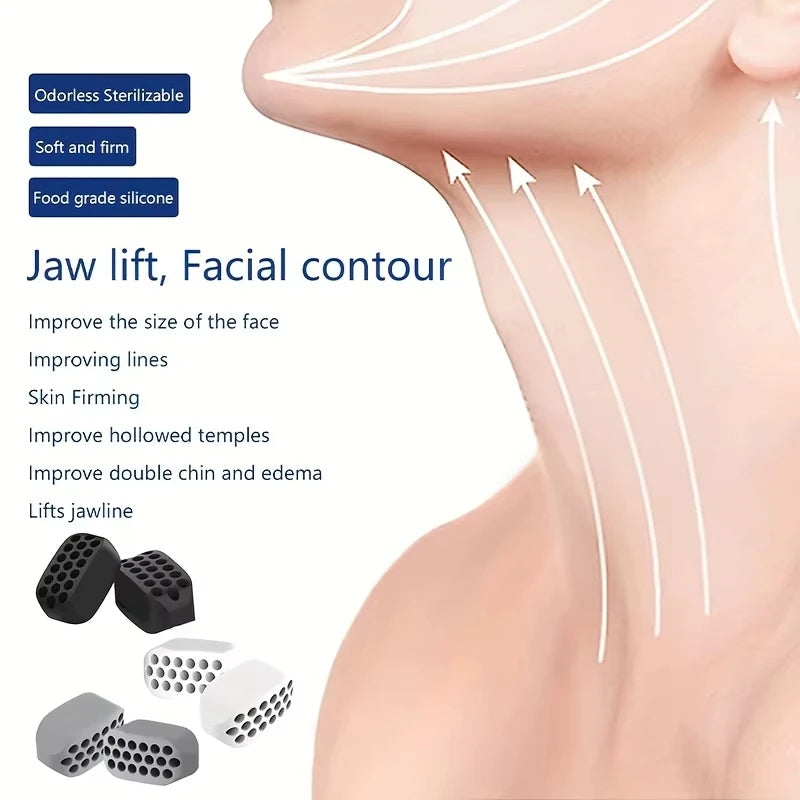 Black, white, and grey silicone jawline trainer blocks with grid patterns for facial toning and jaw lift exercise.