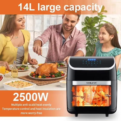 Black large-capacity air fryer with digital touch control and viewing window