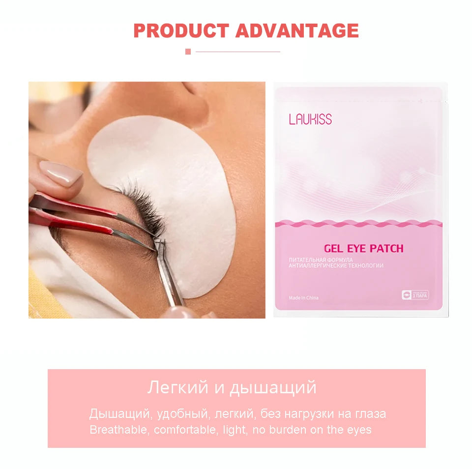 White gel eyelash extension pads for under-eye application, shown in pink packaging for professional grafting.