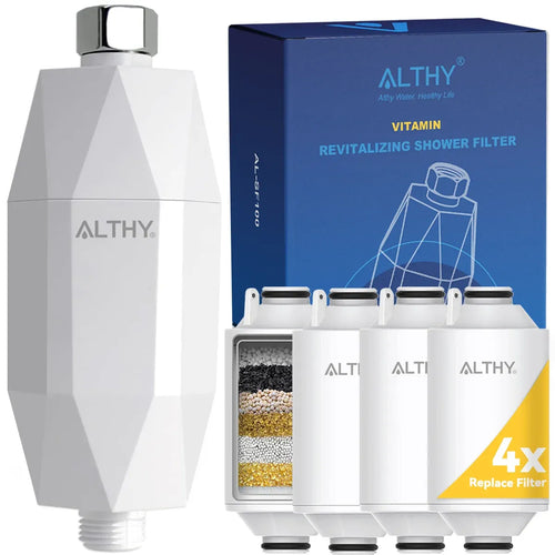 Shower water filter host with white cartridges and chrome top fitting