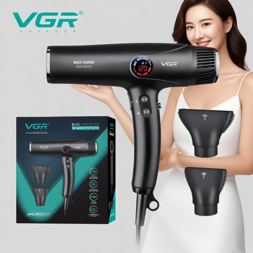 VGR V-469 professional black hair dryer with LCD display, BLDC motor, and two ionic attachments for salon-style drying.