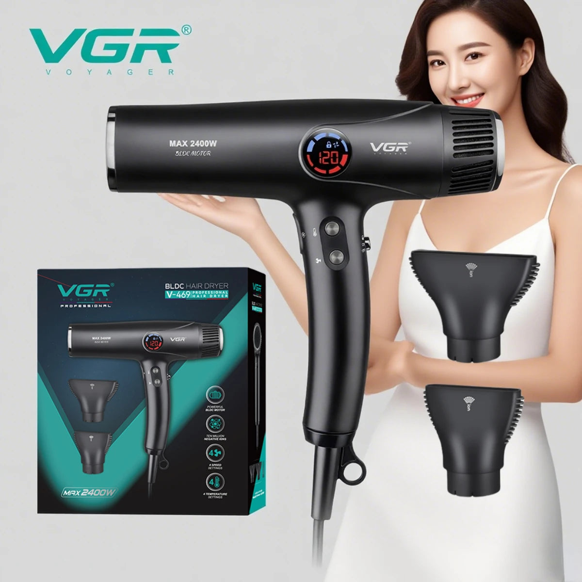 VGR V-469 professional black hair dryer with LCD display, BLDC motor, and two ionic attachments for salon-style drying.