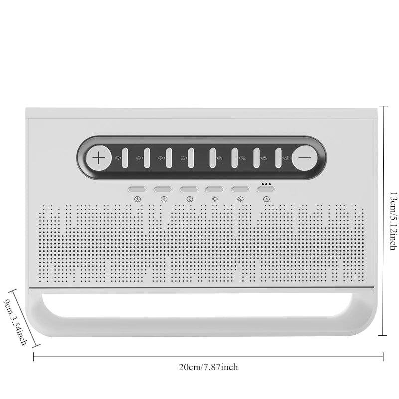 White 20cm sleep aid sound machine with control buttons and display for better sleep and relaxation.