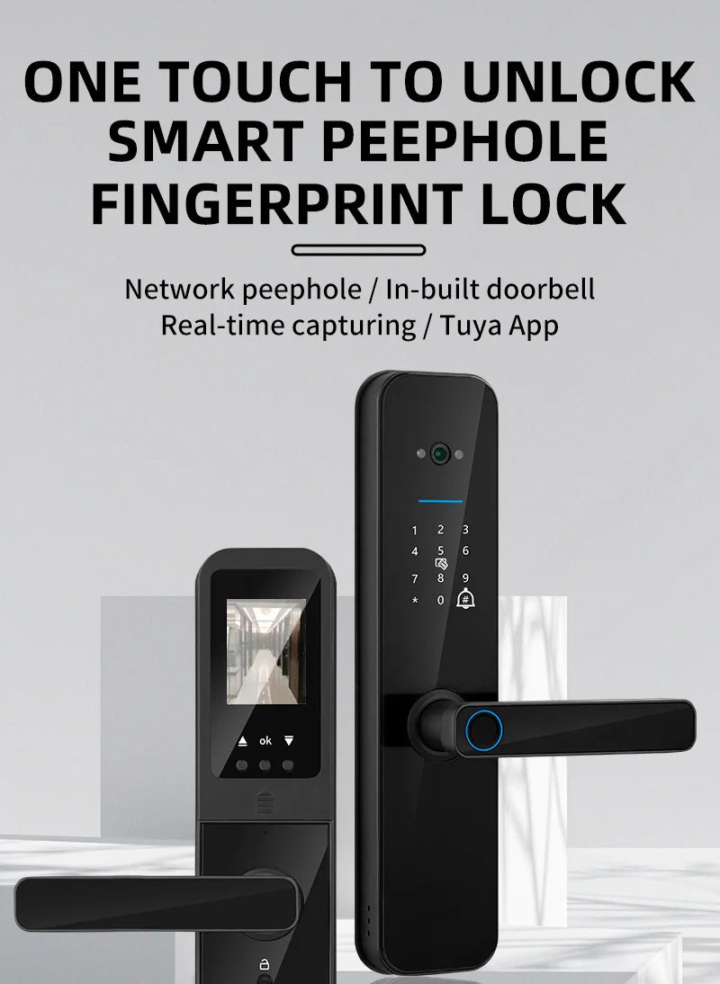 New Biometric Digital Electronic Smart Door Lock With Camera Fingerprint Tuya Wifi Smart Card Password Key Unlock
