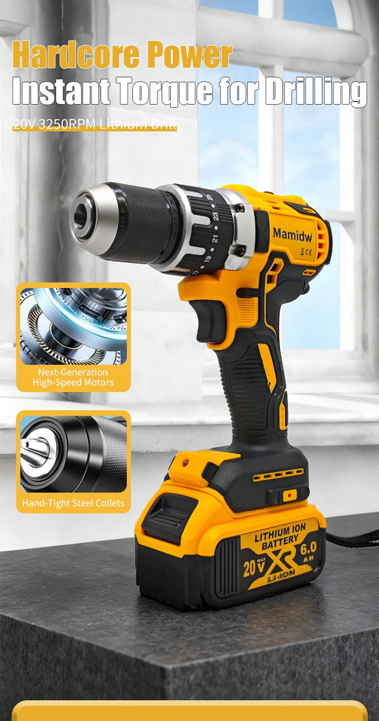 Mamidw 25+3 Multi-speed Torque Adjustment Brushless Electric Drill, Ergonomic Design, Durable Build, Compact Design, Sturdy Construction, Powerful Cordless Screwdriver (Tool Only) for DEWALT 20V Battery PIN Power Tool