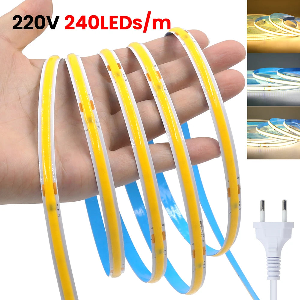 COB LED Strip Light Power Kit 220V 110V AC 3000K 4000K 6000K 2pin 240LEDs/m with IC Driver IP20 8mm PCB Dimmable Linear Lighting