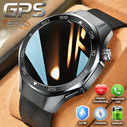 Rugged smart watch with black mesh band and round screen, blue and orange dial graphic