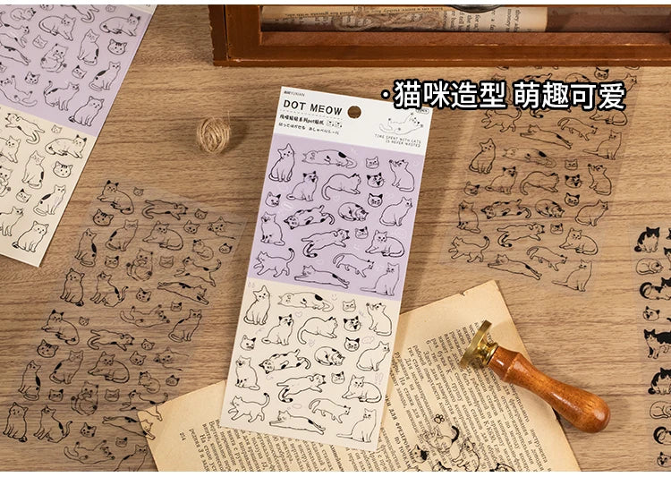 Two sheets of cute cartoon cat PET stickers for DIY scrapbooking, journaling, and creative craft decoration projects.