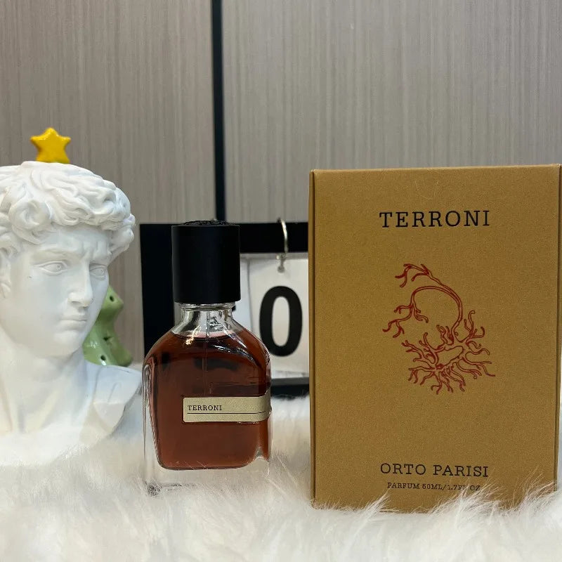 Orto Parisi Terroni unisex 50ml parfum. Oriental woody scent, amber, earthy notes, square glass bottle, elegant design.
