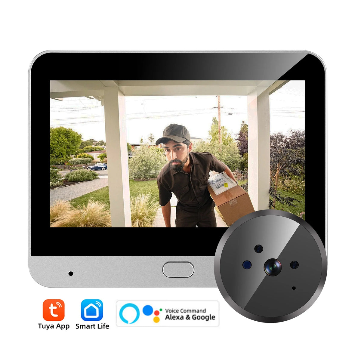 Smart door camera monitor with round outdoor unit for peephole video viewing