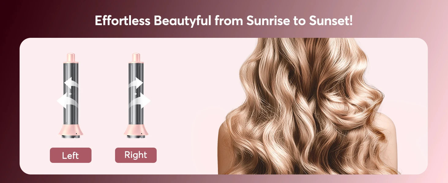 5-in-1 rose gold air wrap curler barrels showing left and right auto-wrap styling for wavy, frizz-free hair.
