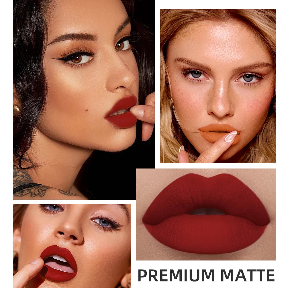 Waterproof velvet matte liquid lipstick in red and nude shades. Long-lasting, non-stick lip stain for a smooth look.