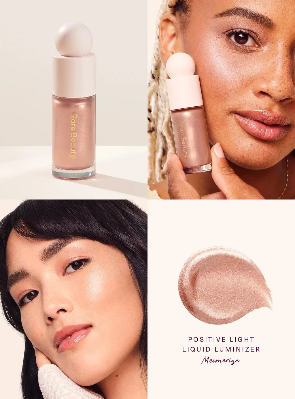 Rare Beauty Positive Light Liquid Luminizer in Mesmerize: shimmering rose-gold liquid highlighter swatch and application.